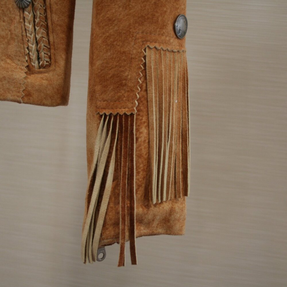 Tribe America Tan Genuine Suede Leather, Fringe along the yoke and sleeves Sz 10 - Picture 5 of 14